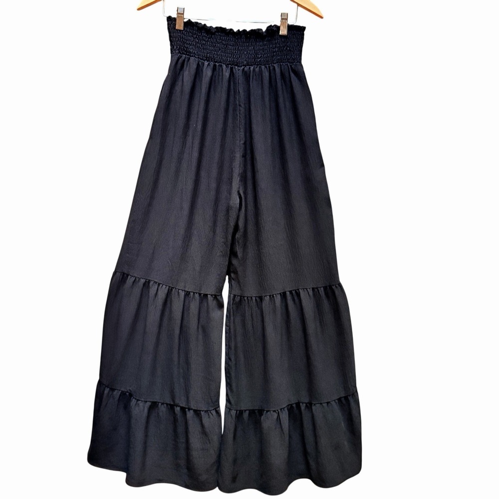 ODDY Black Ruffle Tiered Wide Leg Pants High Waist Flowy Fairy Whimsigoth SM - Picture 6 of 8